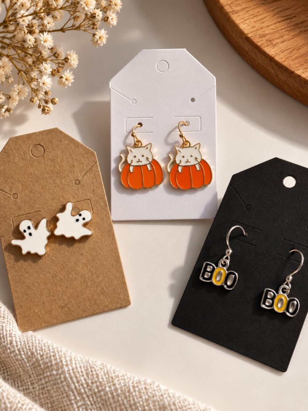 Halloween Earrings Set Ghost Cat Pumpkin BOO Enamel Metal